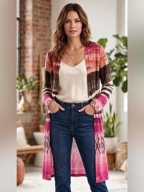 Chico’s Multicolor Striped Duster Cardigan  Boho Long Open Front Lightweight